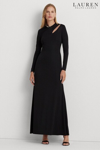 Lauren Ralph Lauren Chain Trim Jersey Long Sleeve Black Gown (252951) | £319