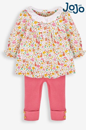 JoJo Maman Bébé Cream Girls' Pretty Fox Floral Tunic With Collar & Leggings Set (253913) | £26
