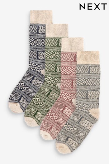 Neutral/Navy Blue Pattern Heavyweight Socks 4 Pack With Wool And Silk (253957) | £24