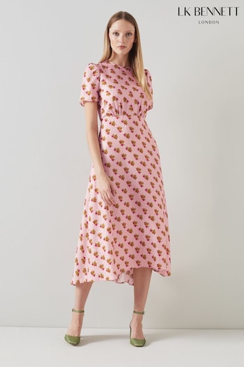 LK Bennett Pink Boyd Rosebud Print Silk Midi Dress (254480) | £399