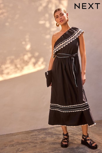 Black/White One Shoulder Rik Rak Summer Belted Dress (254982) | £58