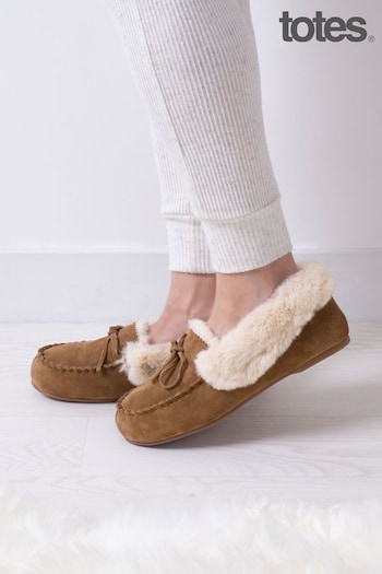 Totes woven Brown Isotoner Ladies Genuine Suede Moccasin with Faux Fur Lining (255196) | £36