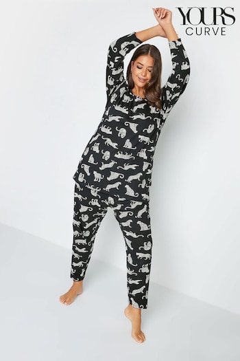 Yours Curve Black Converstaional Animal Print Tapered Pyjamas Set (255558) | £29