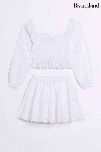 River Island White Girls Broderie Top And Rara Skirt Set (256066) | £29 - £38