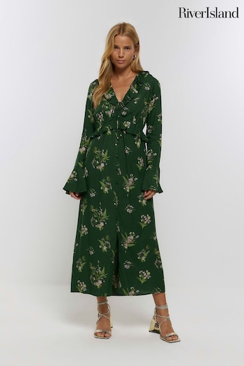 River Island Green Floral Ruffle Midi Dress (256360) | £45