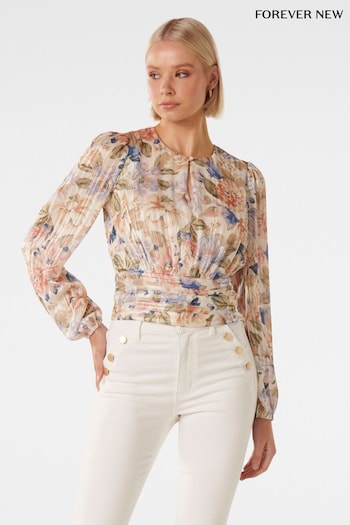 Forever New Natural Leighton Printed Self Stripe Blouse (258186) | £55