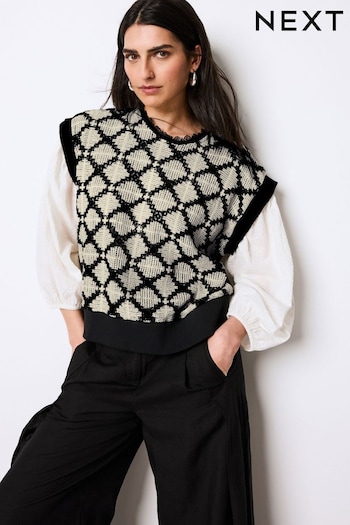 Monochrome Crochet Layered Mono Print Shirt Top (259758) | £40