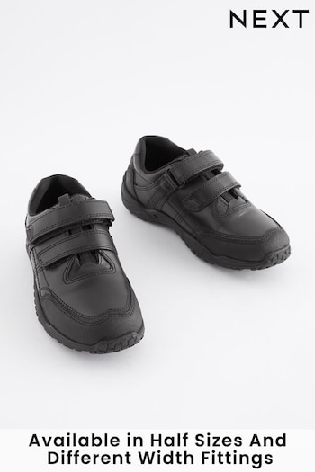 Black Extra Wide Fit (H) School Leather Double Strap BEATLE Shoes (260170) | £28 - £36