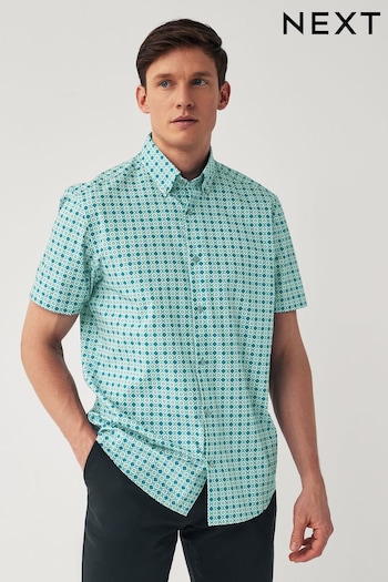Teal Blue Geometric Regular Fit Short Sleeve Printed Short Sleeve Shirt (261351) | £32