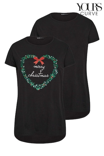 Yours Curve Black Short Sleeve Novelty Christmas T-Shirt 2 Pack (262099) | £24