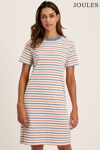 Joules Eden Coral & Blue Striped Short Sleeve Jersey Dress With Pockets (265494) | £39.95