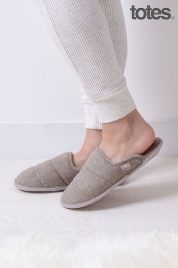 Totes Beige Isotoner Ladies Herringbone Quilted Mule Slippers With Faux Fur Cuff (267151) | £26
