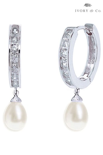 Ivory & Co Silver Tone Canterbury Crystal and Pearl Hoop Earrings (267158) | £40