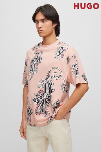 HUGO Peach Pink Paisley-Print T-Shirt In Interlock Cotton (267951) | £99