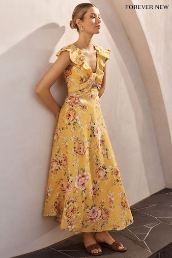 Forever New Yellow Pure Linen Haisley Flounce Midi Dress (268555) | £110