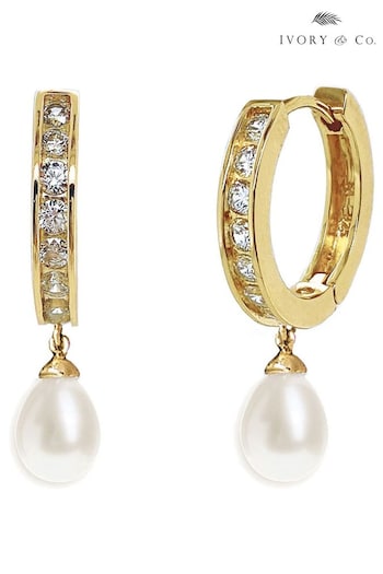 Ivory & Co Gold Canterbury Crystal and Pearl Hoop Earrings (268718) | £40