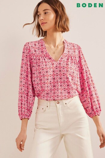 Boden Red Printed Notch Neck Top (269538) | £55