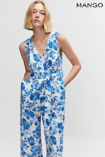 Mango Blue Floral-Print Jumpsuit With Tie (269650) | £50