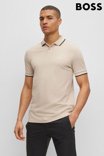 BOSS Natural/Black Detailing BOSS Slim Fit Curved Logo Piqué Polo Shirt (271107) | £89