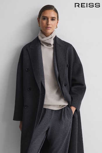 Reiss Charcoal Layah Petite Relaxed Wool Blend Double Breasted Coat (271581) | £368
