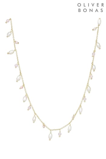 Oliver Bonas Mae Pink Opal Rose Quartz & Freshwater Pearl Gold Plated Chain Necklace (271994) | £59.50