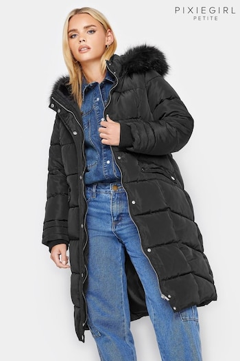 PixieGirl Petite Black Faux Fur Trim Padded Coat (272283) | £85