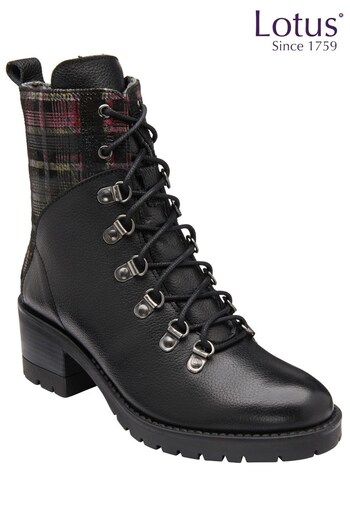 Lotus Black Leather & Check Print Zip-Up Ankle Boots (272323) | £90