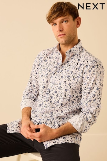 White/Blue Floral Regular Fit Single Cuff Printed Trimmed Shirt (273021) | £26