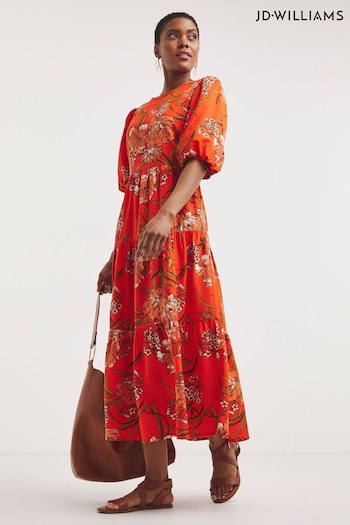 JD Williams Orange Floral Linen Open Back Smock pleated-skirt Dress (273145) | £45