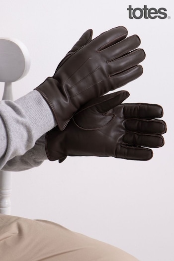 Totes Brown Isotoner Mens Premium 3 Point Leather Gloves With Faux Fur Lining (274452) | £35