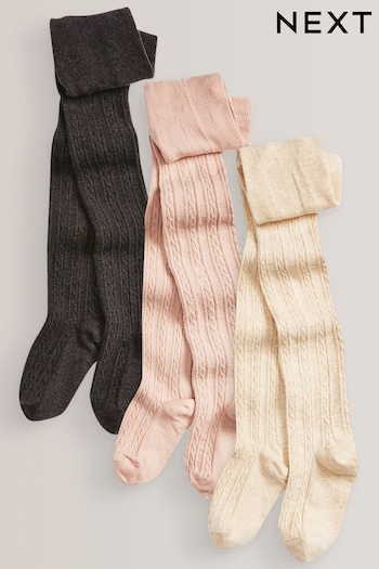 Charcoal Grey/Pink/Cream 3 Pack Cotton Rich Cable Tights (275337) | £15 - £21