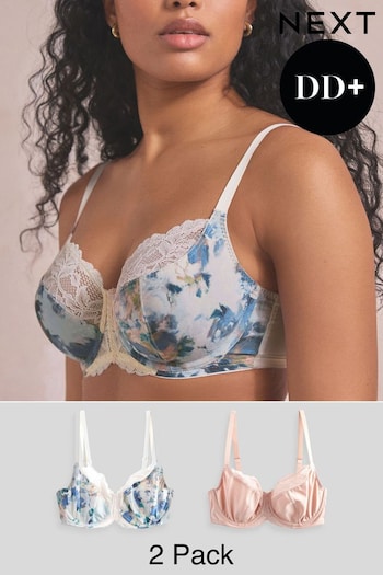 Blue Floral Print/Blush Pink DD Plus Non Pad Wired Full Cup Microfibre and Lace Bras 2 Pack (275471) | £32