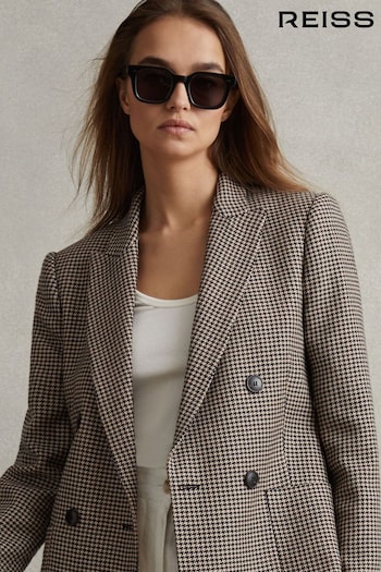 Reiss Black/Camel Ella Petite Wool Blend Double Breasted Dogtooth Blazer (276181) | £298