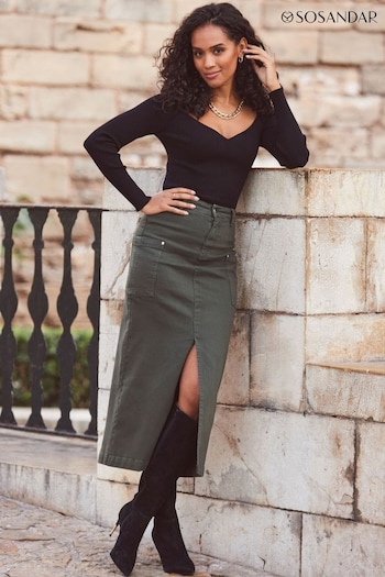 Sosandar Green Denim Pocket Detail Midi Skirt (276190) | £55