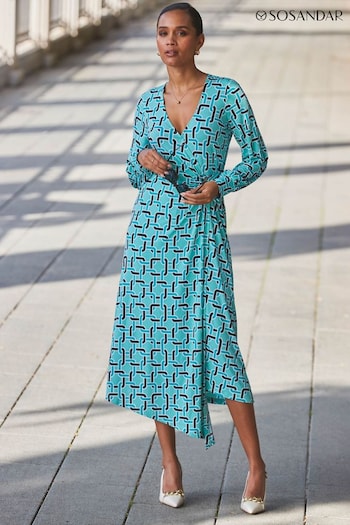 Sosandar Blue Geometric Print Long Sleeve Wrap Dress (276242) | £69