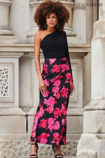 Sosandar Black Floral Print Ruched Detail Satin Maxi Skirt (276388) | £45