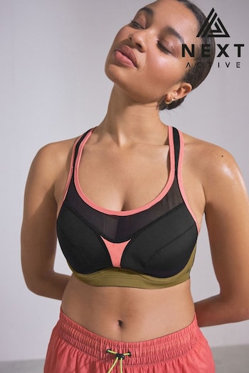 Black/Coral Active High Impact Colourblock Wired Bomber Bra (276427) | £22