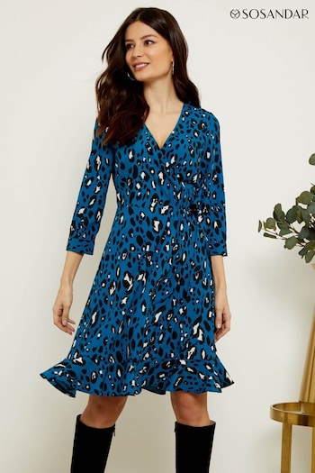 Sosandar Blue Leopard Print Ruffle Hem Wrap Dress (277500) | £75