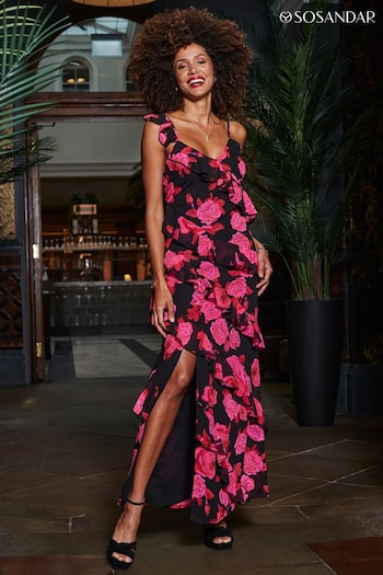 Sosandar Black Floral Print Ruffle Detail Maxi Dress (277605) | £79