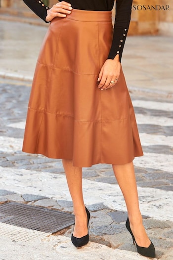 Sosandar Brown Tan Faux Leather Panelled A-Line Midi Skirt (277702) | £55