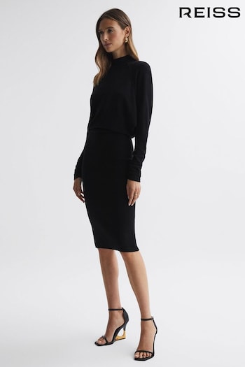 Reiss Black Freya Petite Knitted Long Sleeve Midi Dress dot (279676) | £198