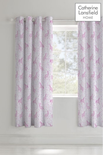 Catherine Lansfield Pink Folk Unicorn Lined Eyelet Curtains (280154) | £40