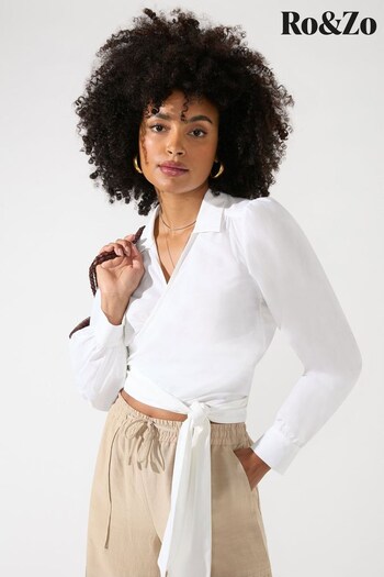 Ro&Zo Cotton Wrap Collar White Top (280581) | £65