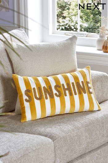 Ochre Yellow Velvet Stipe Sunshine Slogan Oblong Cushion (282280) | £20