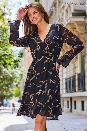 Sosandar Black Chain Print Wrap Front Dress (282566) | £75