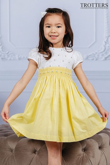 Trotters London Girls Lemon Yellow Rose Hand Smocked Dress (283044) | £78