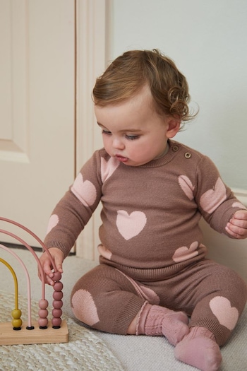 Chocolate Brown Heart Print Knitted Baby 2 Piece Set (0mths-2yrs) (283866) | £18 - £20