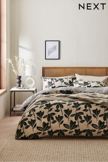 Natural/Black Floral Geometric Cotton Rich Reversible Duvet Cover and Pillowcase Set (284369) | £15 - £35