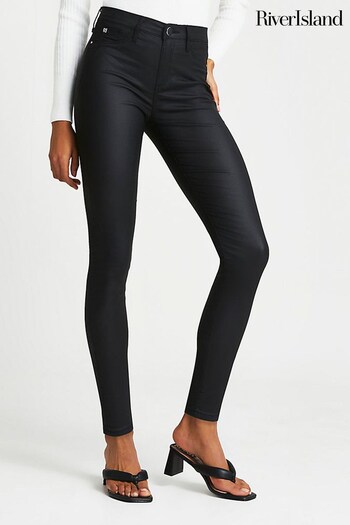 River Island Black Coated Skinny Jeans Twist-Front (285099) | £49