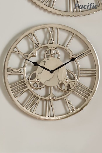 Pacific Silver Shiny Nickel Cog Design Small Round Wall Clock (285978) | £130